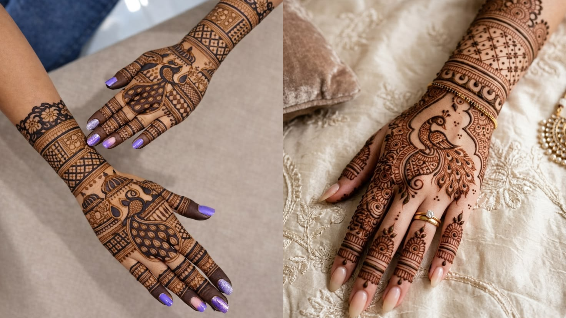 "bridal back hand mehndi design with peacock motif"