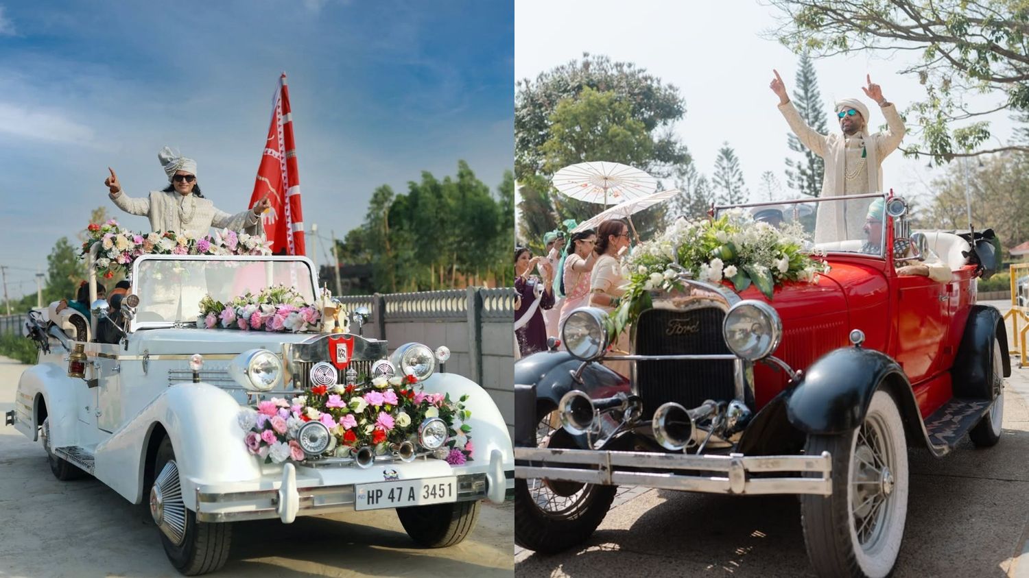 Vintage car arrival groom entrance