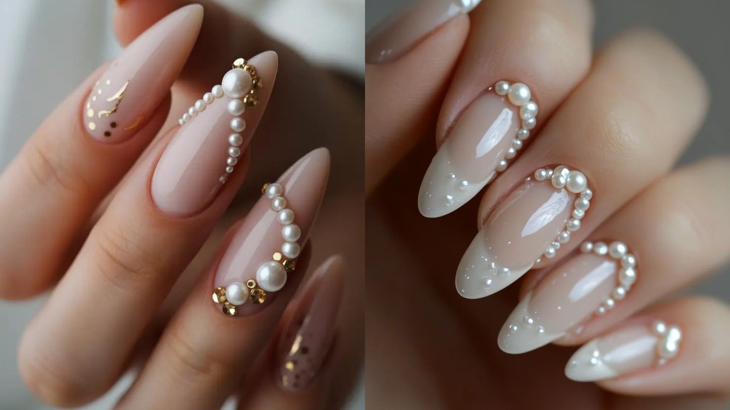 Pearl embellishments bridal nail art ideas for fair skin tone