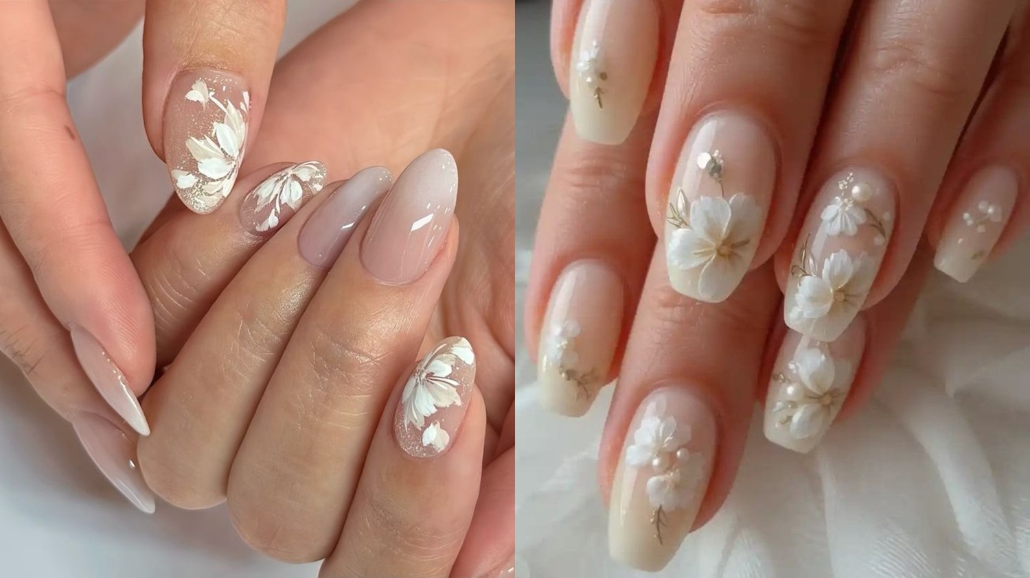 White floral detailing bridal nail art for fair skin tone 