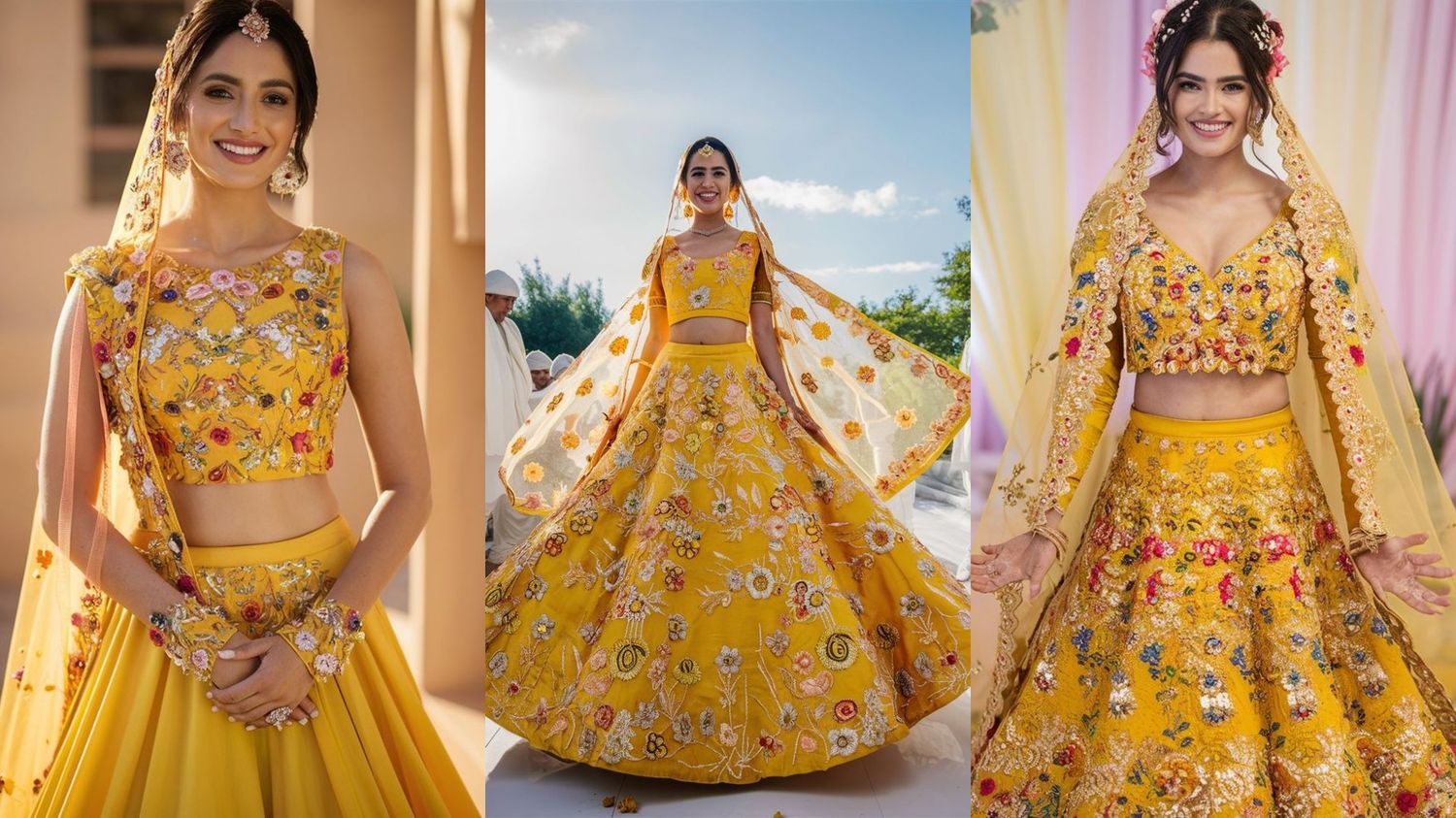 Yellow Lehenga with Floral Threadwork haldi outfit 