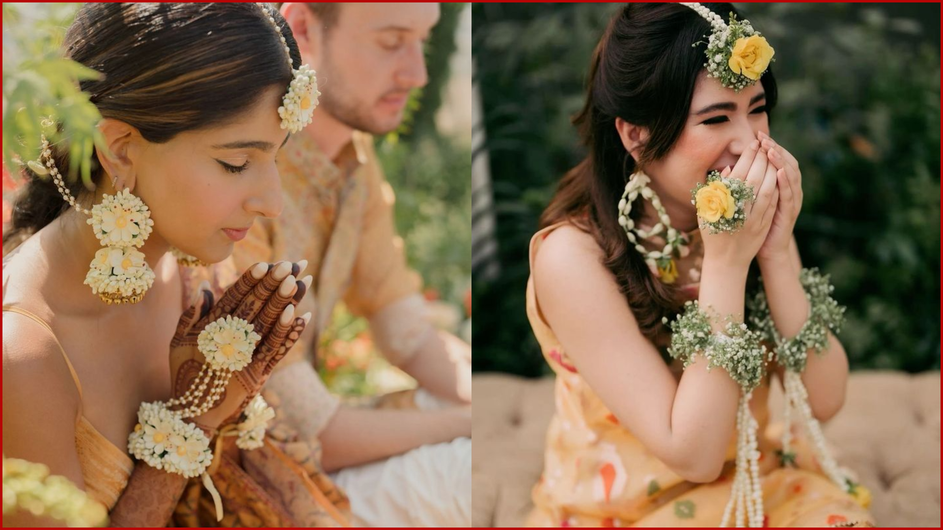 Haldi & Mehendi Poses for Bride and Groom, Floral Jewelry Close-Up