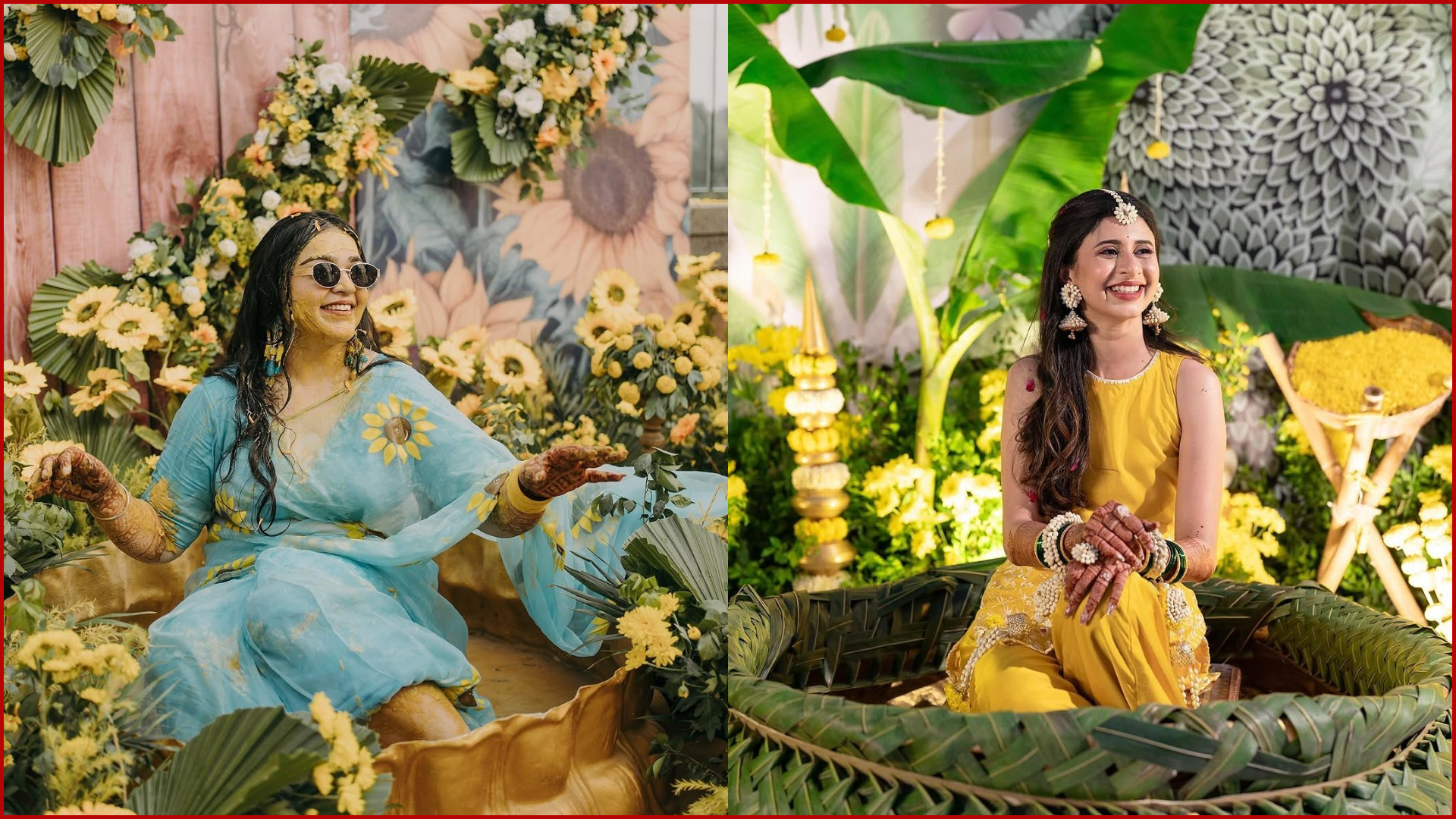 Haldi & Mehendi Poses for Bride and Groom, Seated Portrait With Yellow Accents