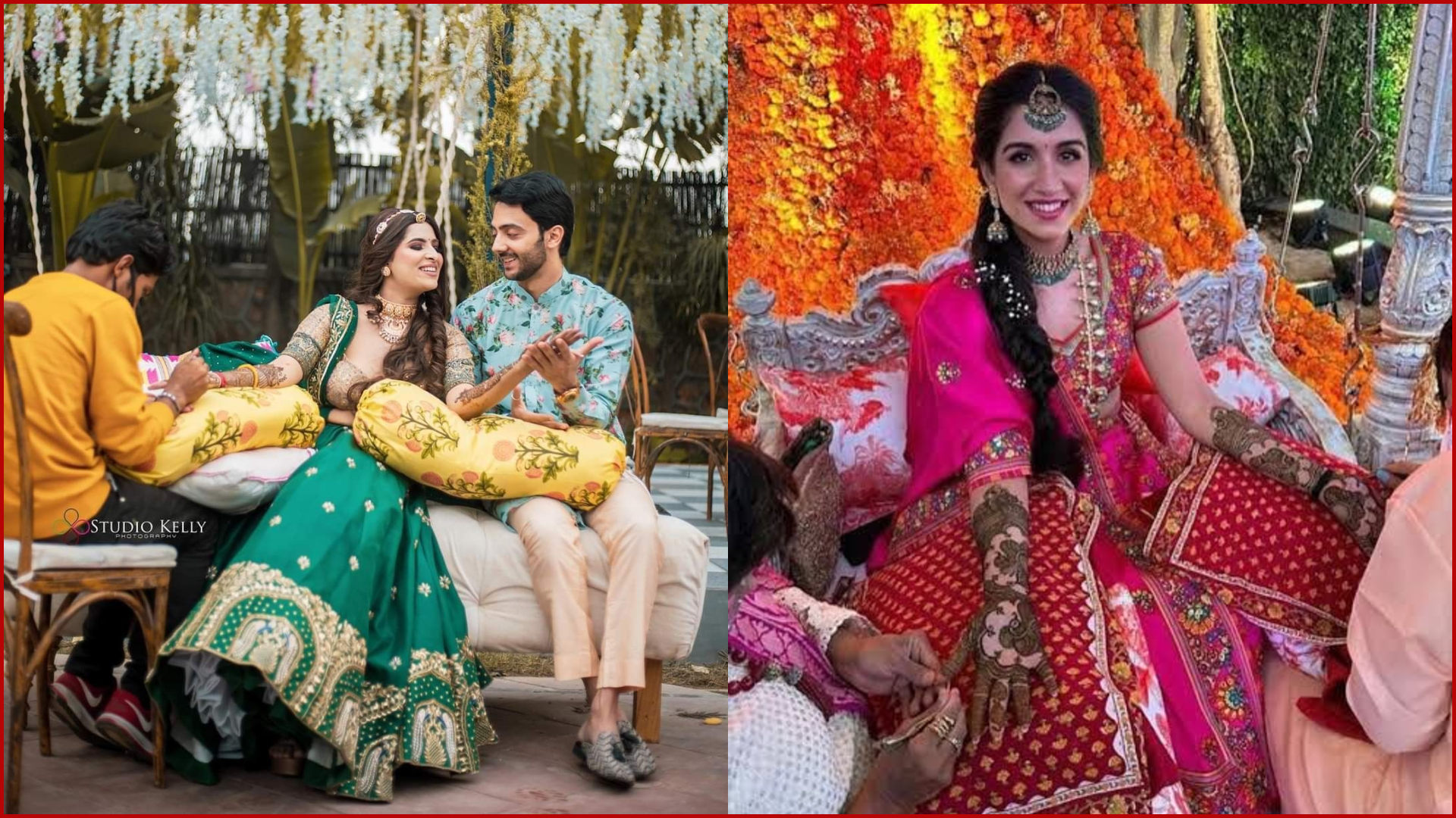 Haldi & Mehendi Poses for Bride and Groom, Sitting on a Cushion, Hands Resting
