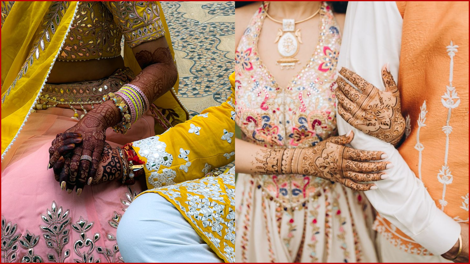 Haldi & Mehendi Poses for Bride and Groom, Holding Hands With Mehendi Visible