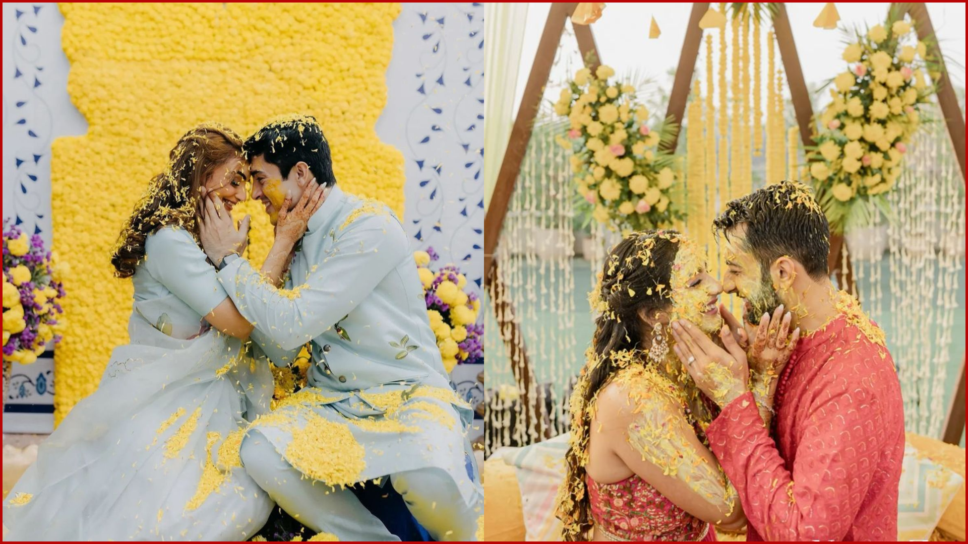 Haldi & Mehendi Poses for Bride and Groom, Applying Haldi to Each Other’s Cheeks