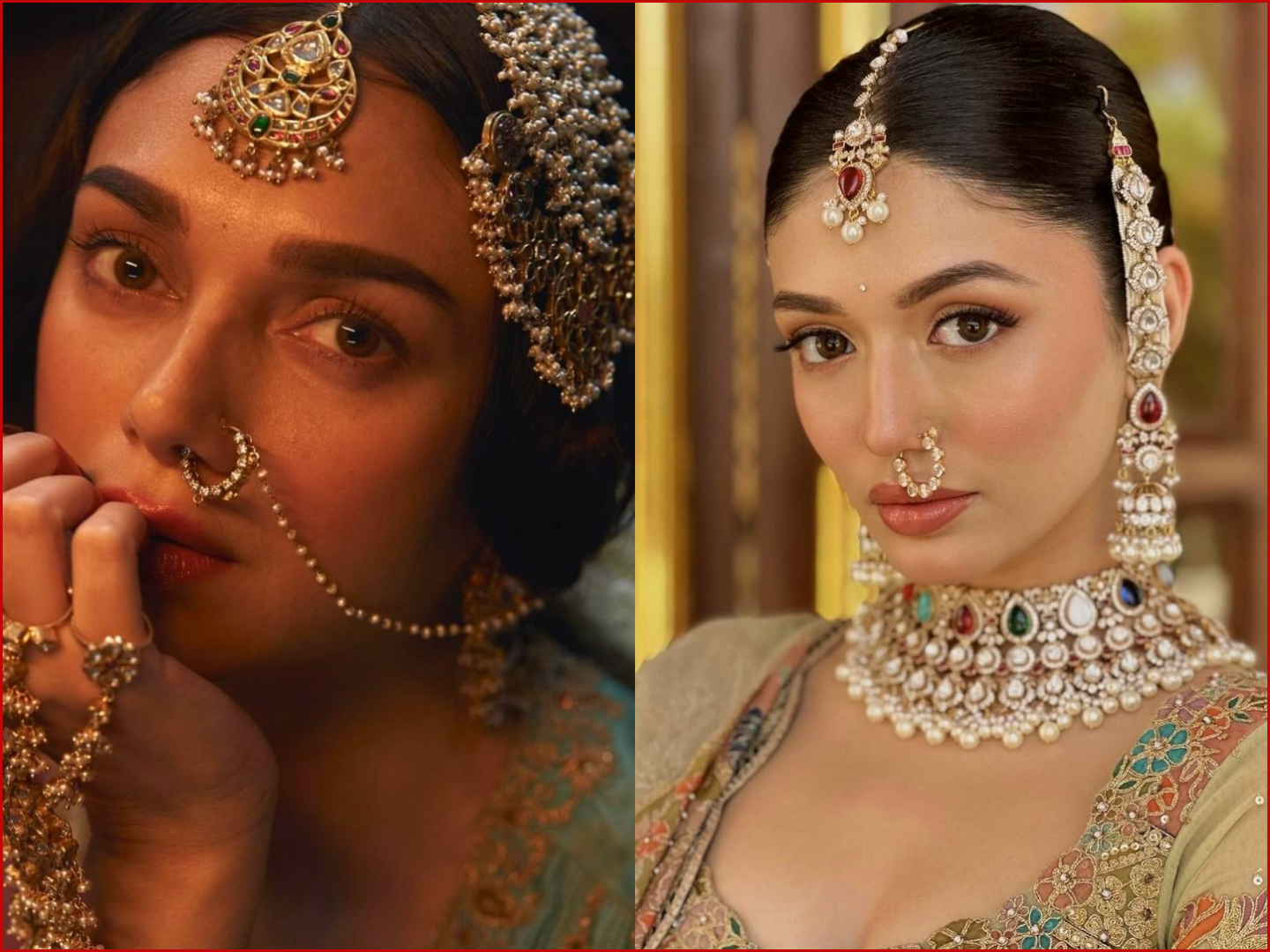 Large, traditional gold bridal nath with a chain extending to the ear, featuring intricate stonework and heavy choker necklace.