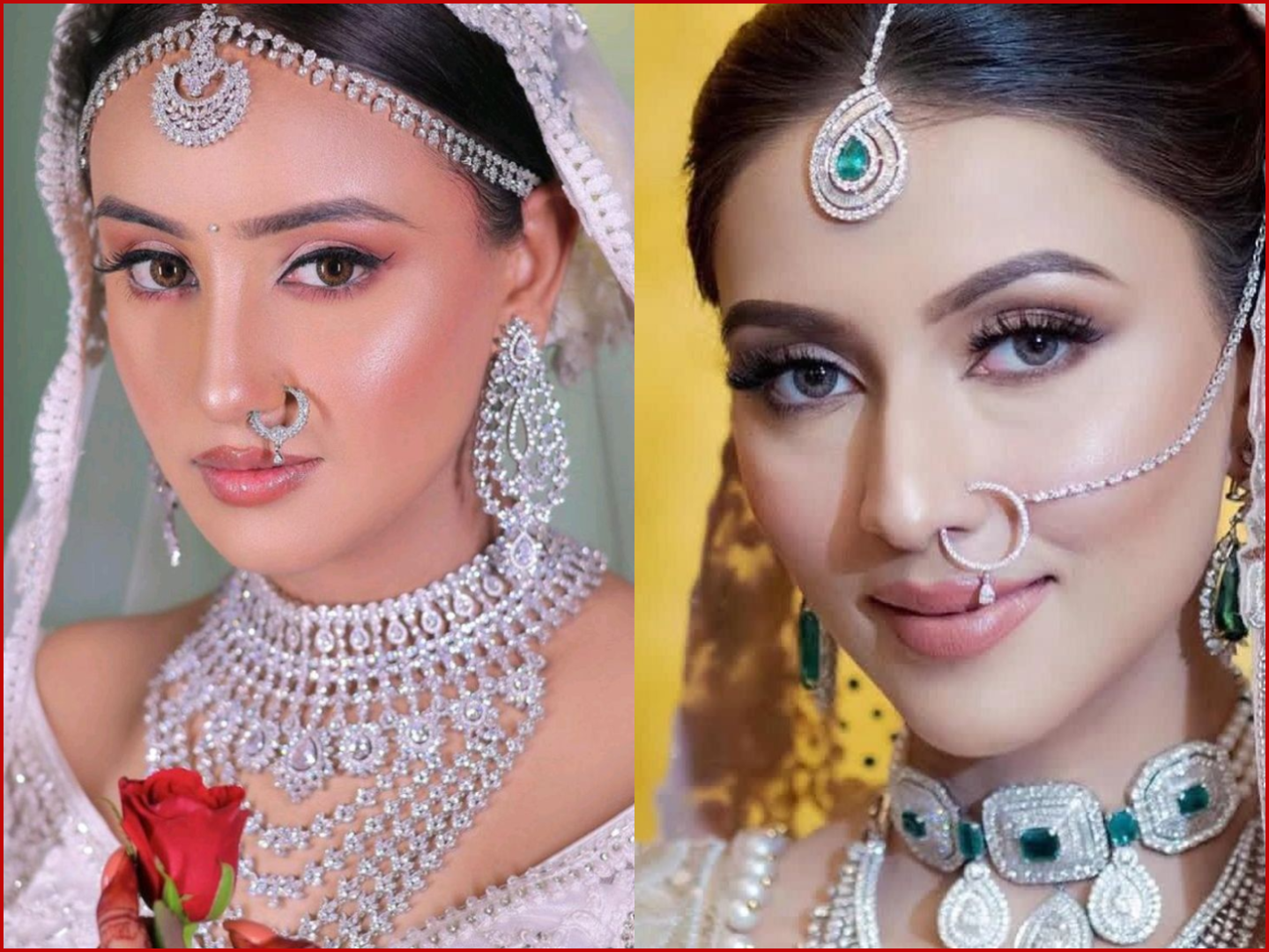 Statement bridal nath (nose ring) in gold with pearl and stone detailing, secured with multiple delicate chains to the hair or ear.