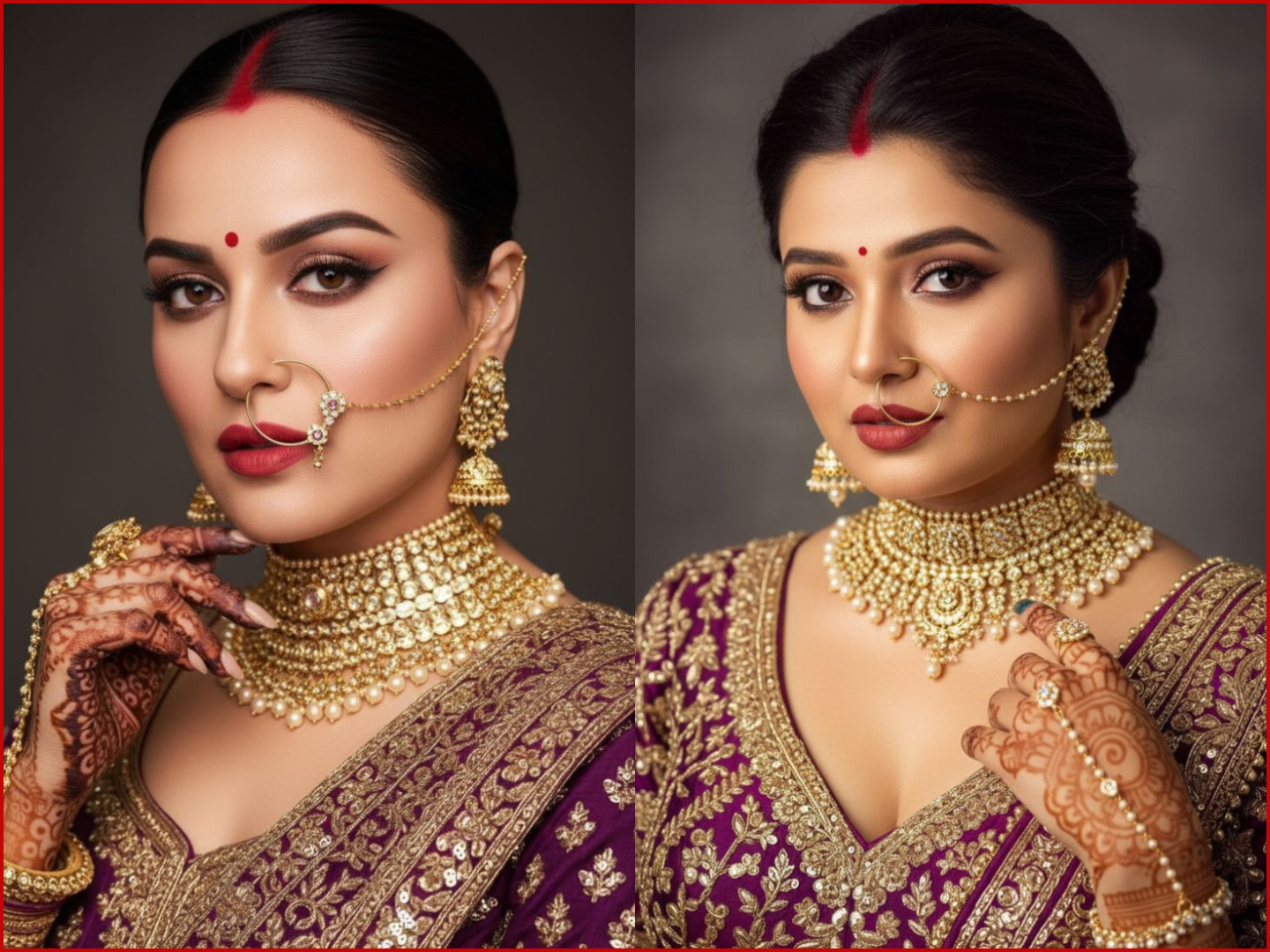 Classic Indian bridal look featuring a voluminous gold nath with a gold chain, paired with a heavy gold choker and traditional red attire.
