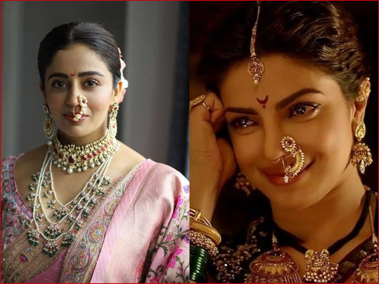 Bold, circular gold bridal nath with a cluster of white pearls and stones at the bottom, paired with a heavily embellished bridal lehenga.