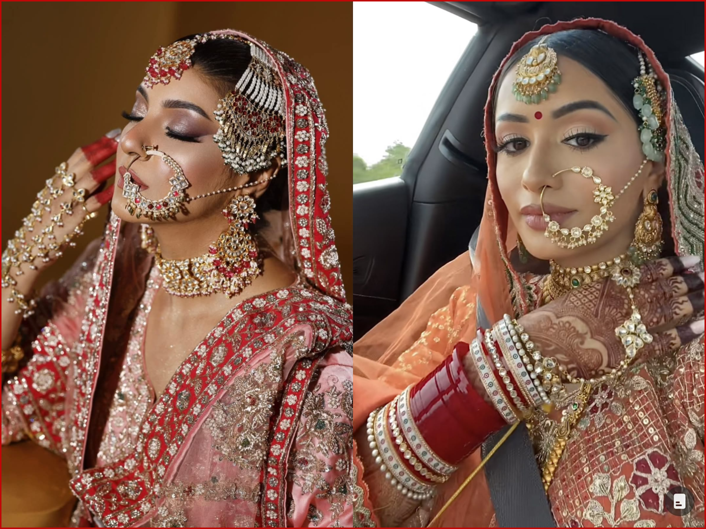 Traditional large hoop nath featuring gold work, a delicate chain, and paired with heavy Kundan-style jewelry.