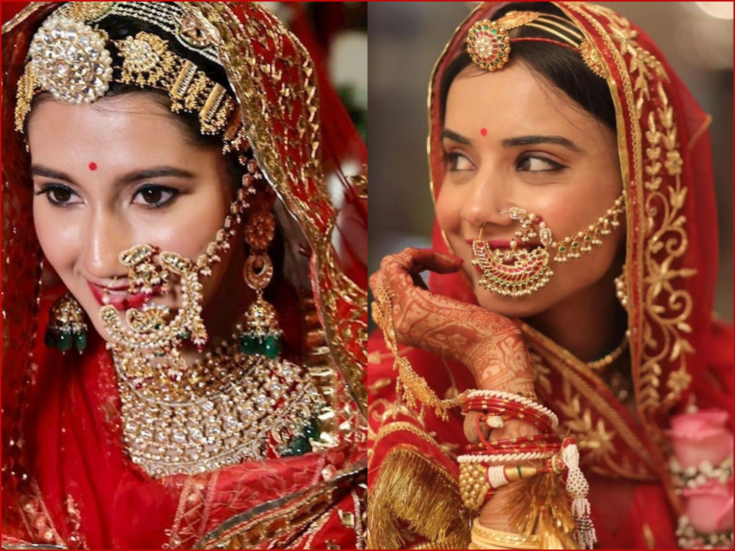 Ornate, heavy-duty bridal nath with a detailed, jeweled ring and multiple layers of chain for a truly regal wedding look.