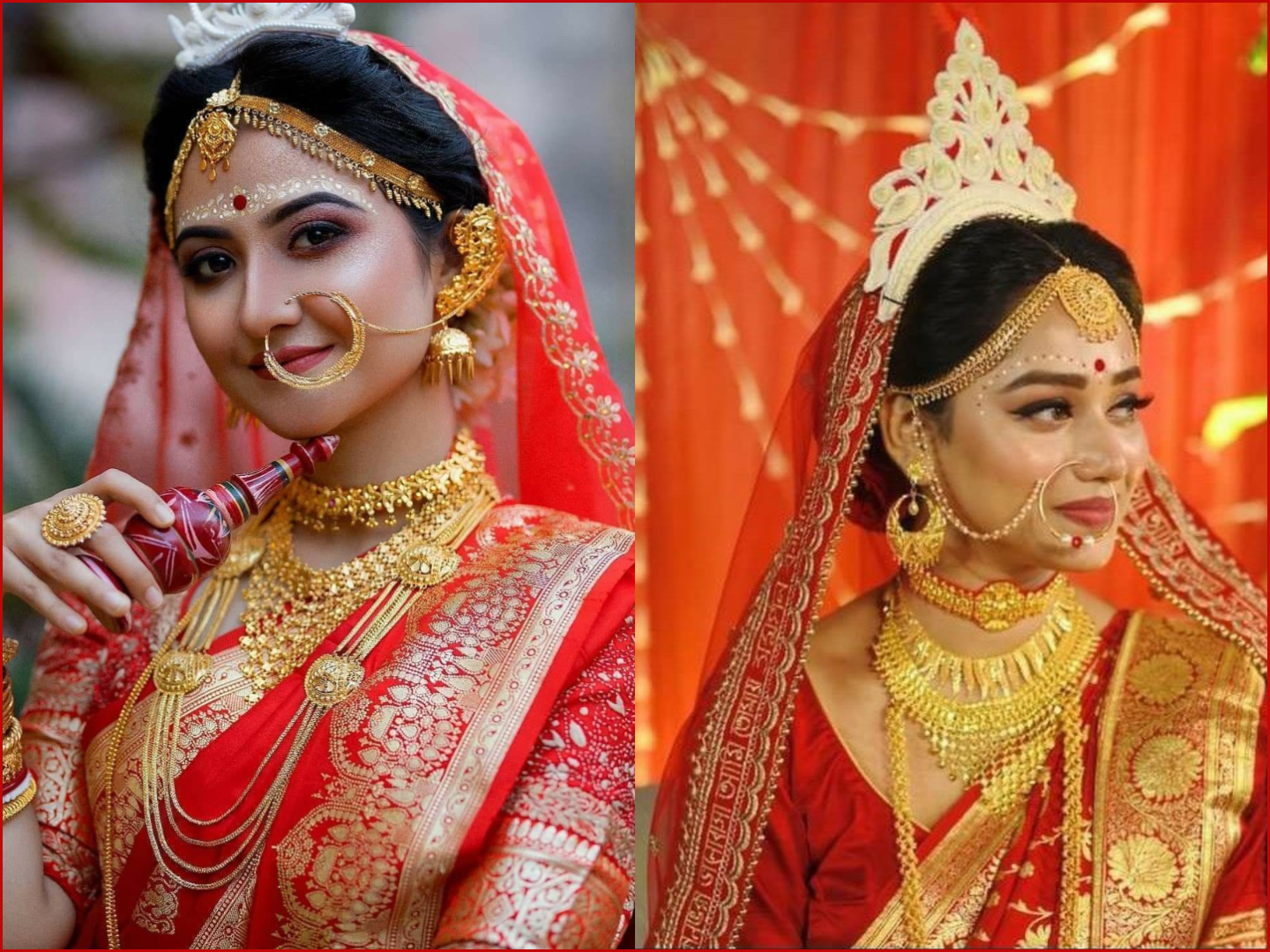 Contemporary bridal look featuring a large gold nath with a delicate chain and a chunky, heavy Kundan bridal choker set.