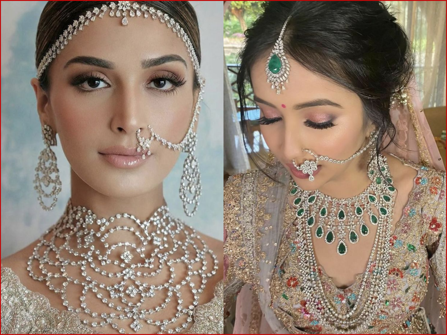 Bridal close-up showcasing a circular nath with a white and gold centerpiece, perfectly complementing a mint green and gold eyeshadow look.