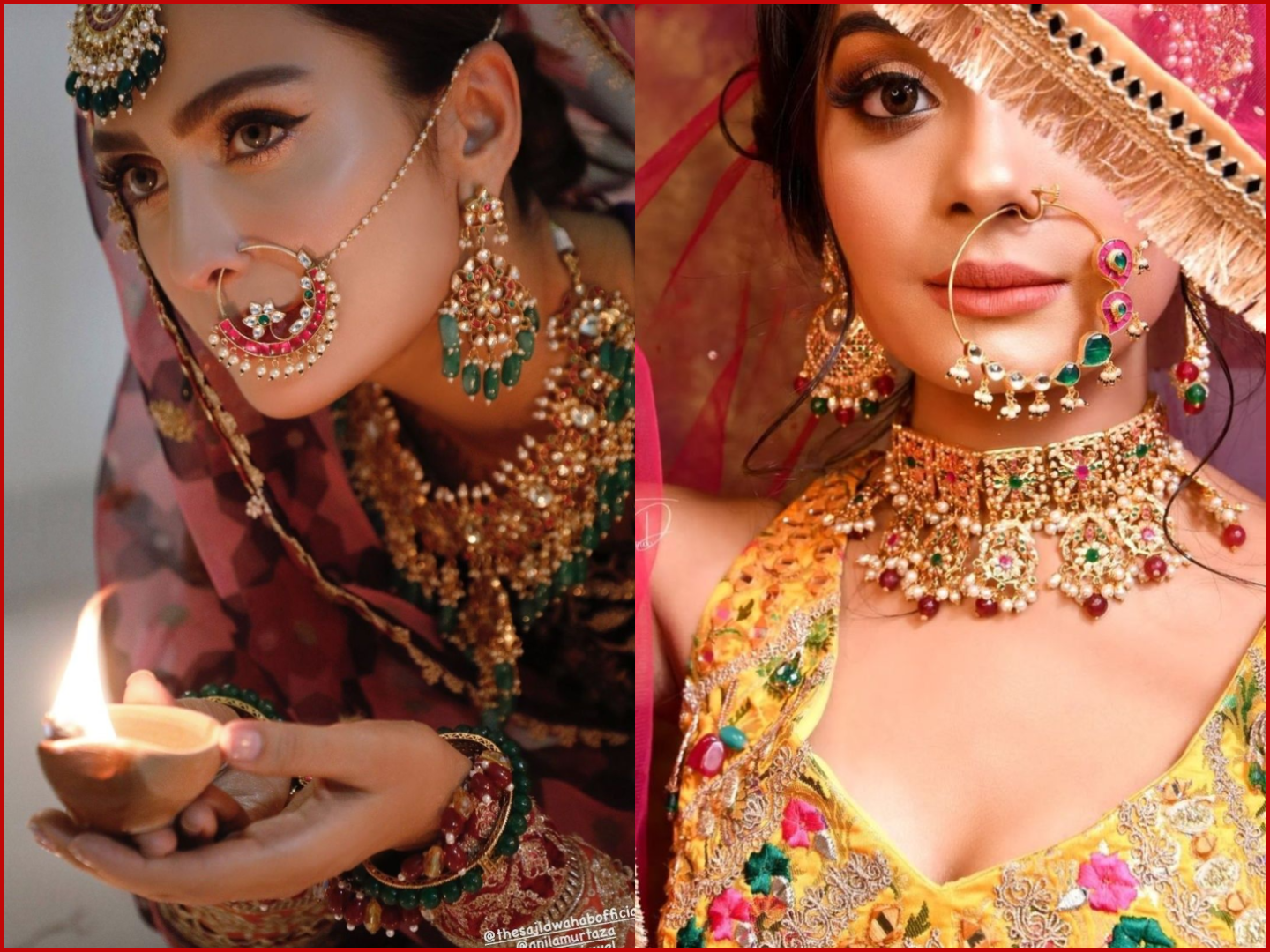 Chic and refined bridal nath, a small hoop with a fine pearl chain running to the ear, paired with a multi-colored stone and pearl choker.