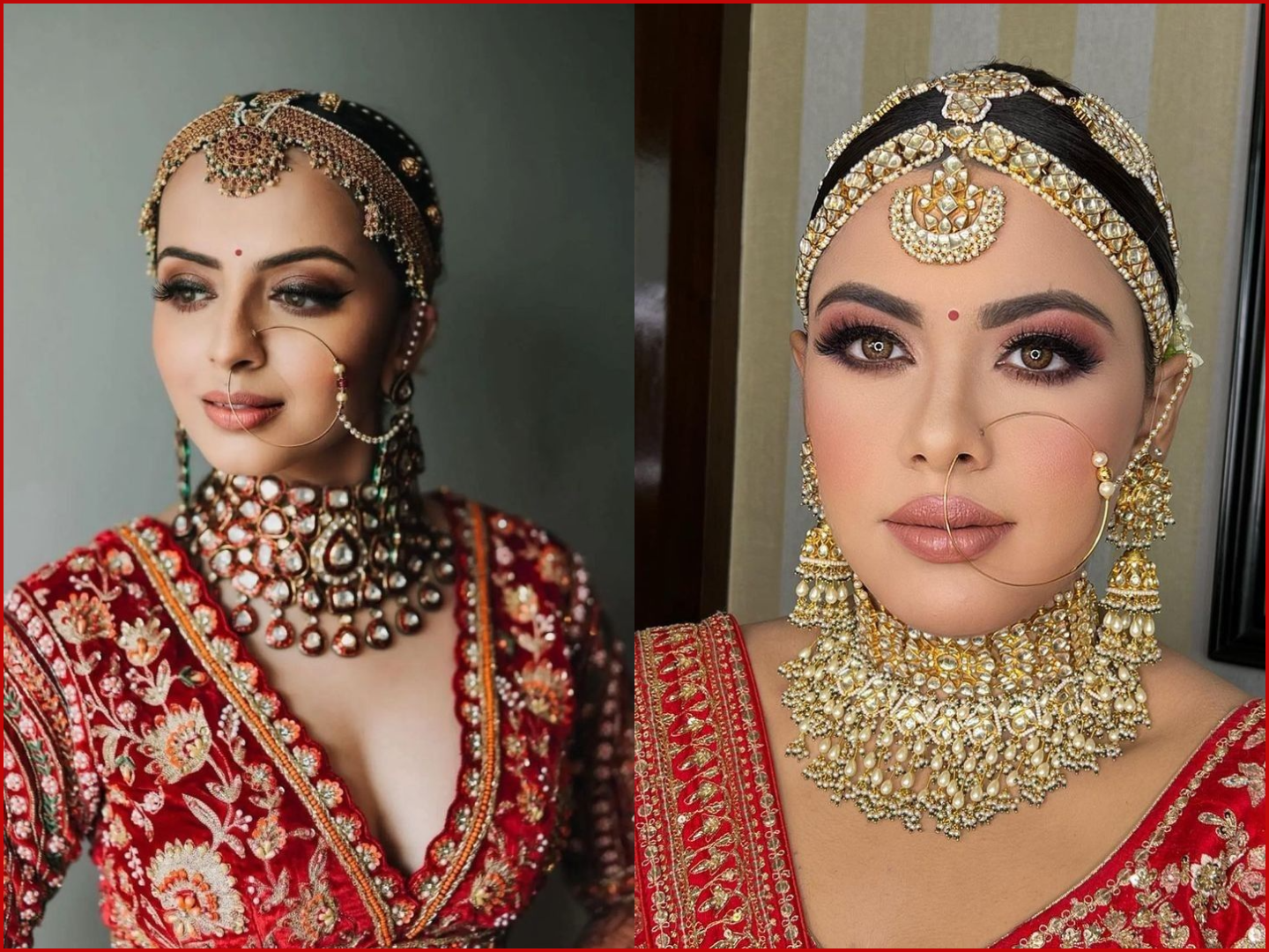 Bridal portrait highlighting a small, delicate Kundan nath with ruby and emerald accents, attached by a chain to the bun hairstyle.