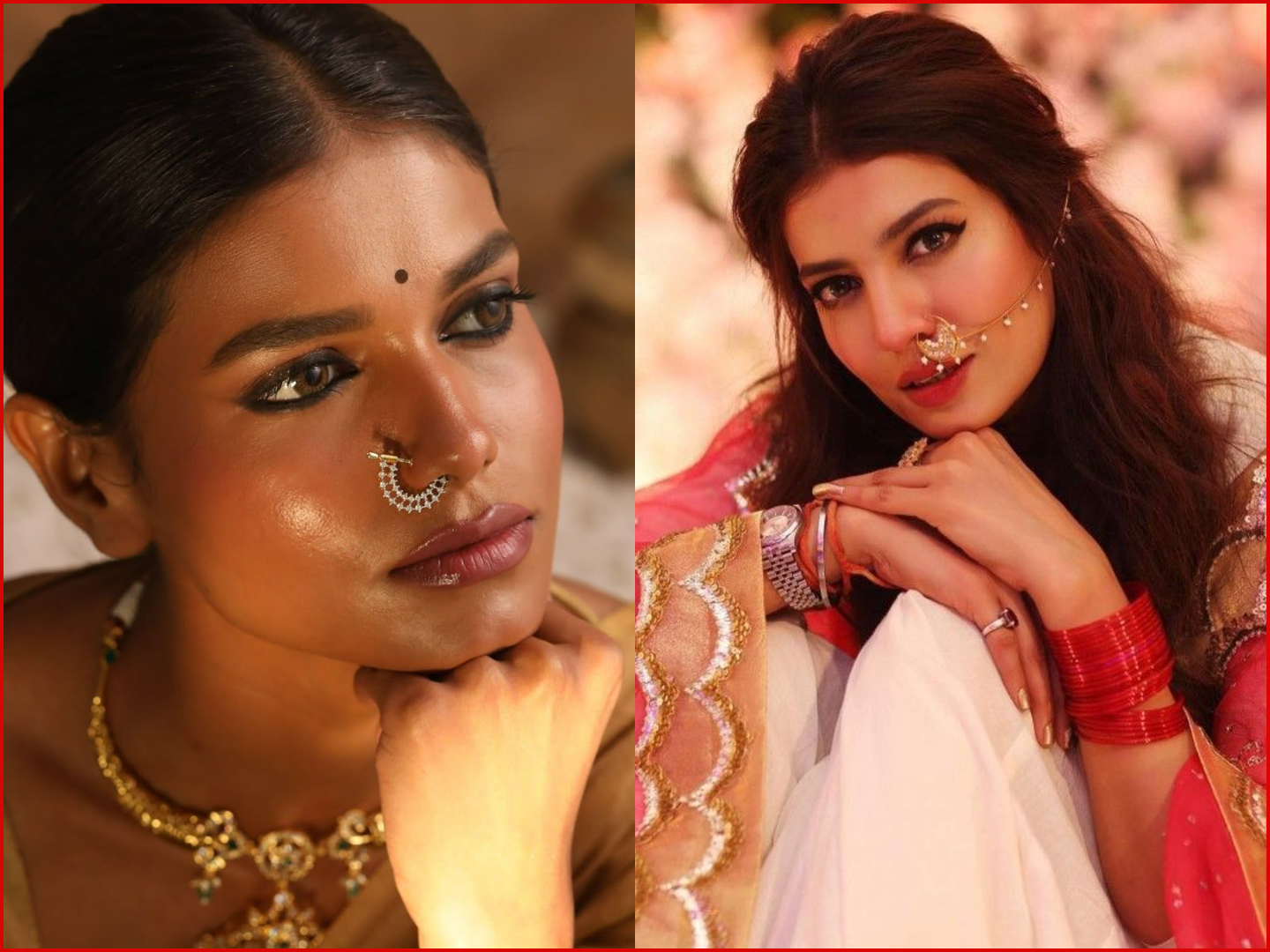 Simple nose stud and a classic golden choker necklace, demonstrating a subtle and classic jewelry style.