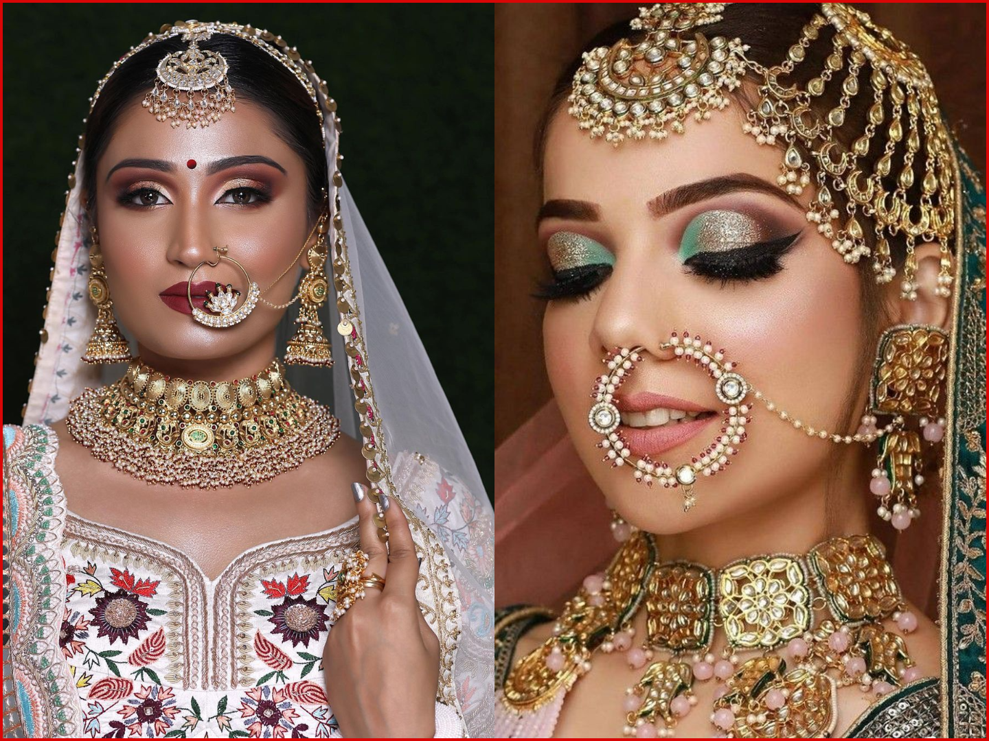 Rustic gold nath with a cluster of tiny white pearl accents and a delicate, short chain, complementing a warm-toned, natural bridal makeup look and dark-skinned complexion.