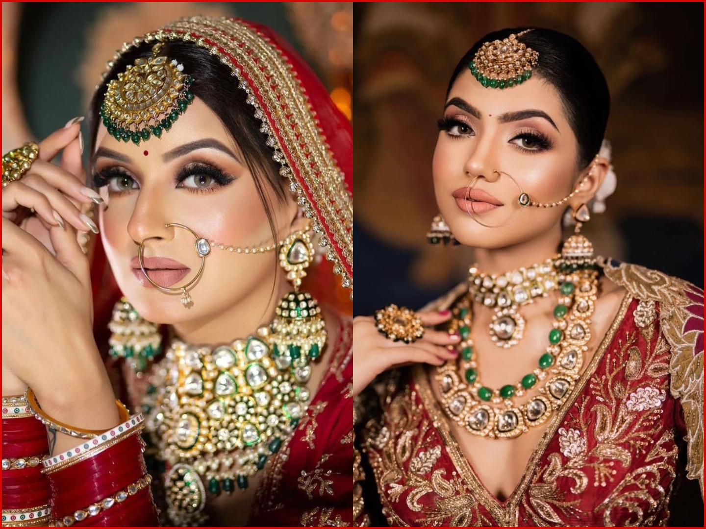 Bridal close-up featuring a medium-sized plain gold hoop nath with a minimal, fine chain, allowing the focus to remain on the heavy, contrasting emerald and Kundan bridal jewelry.
