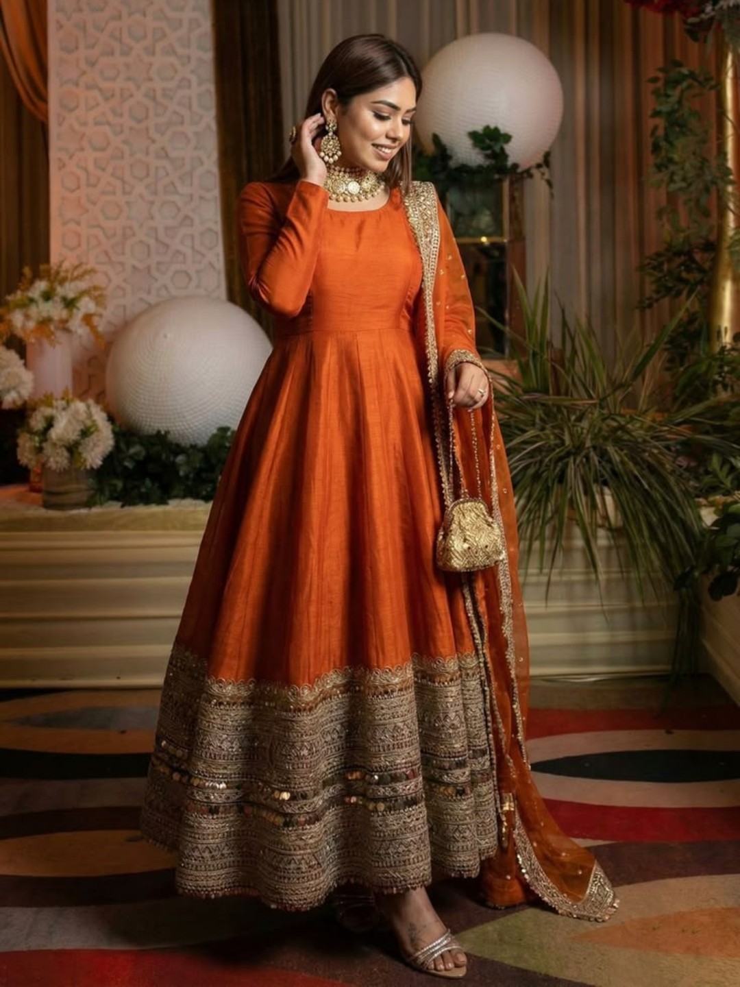 Burnt Orange Anarkali for a Royal Festive Look